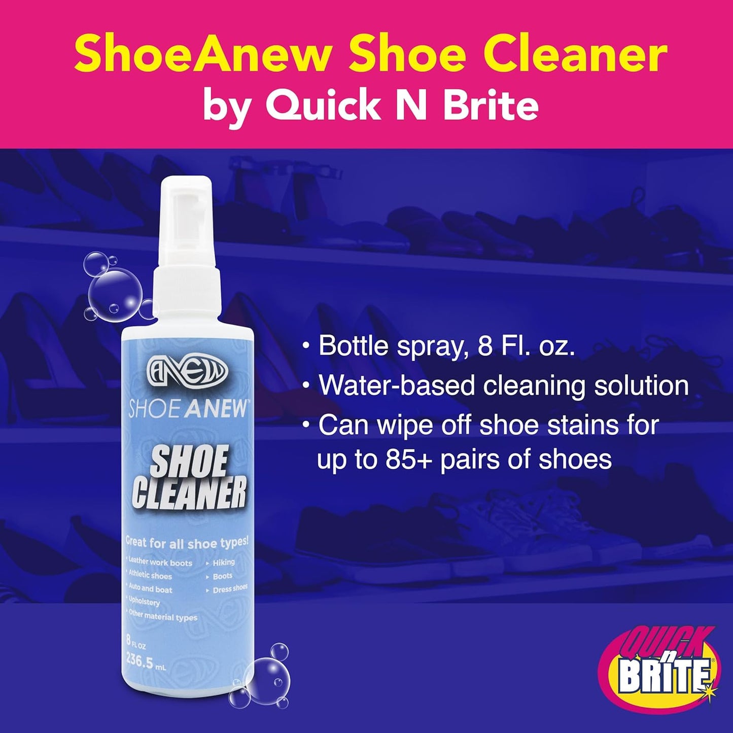Quick N Brite 12 Oz Shoe Cleaner Kit for Sneakers, Boots, Vinyl, Knit and  Dress Shoes 