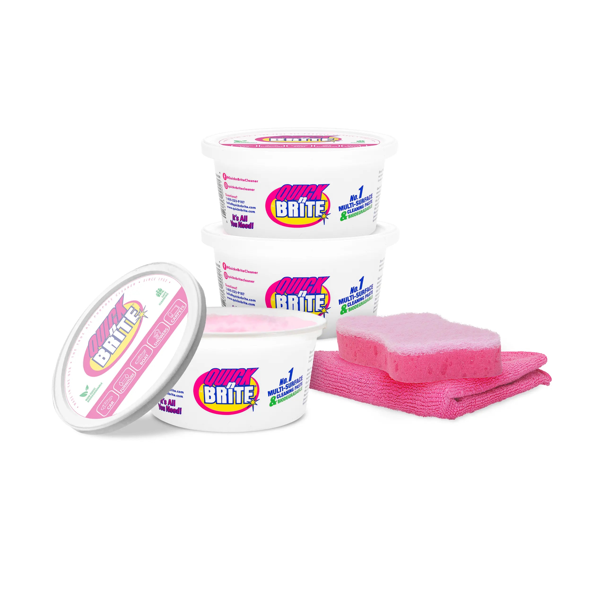 Quick 'n Brite All-Purpose Cleaning Paste 12oz with sponge and microfiber cloth cleaning kit.